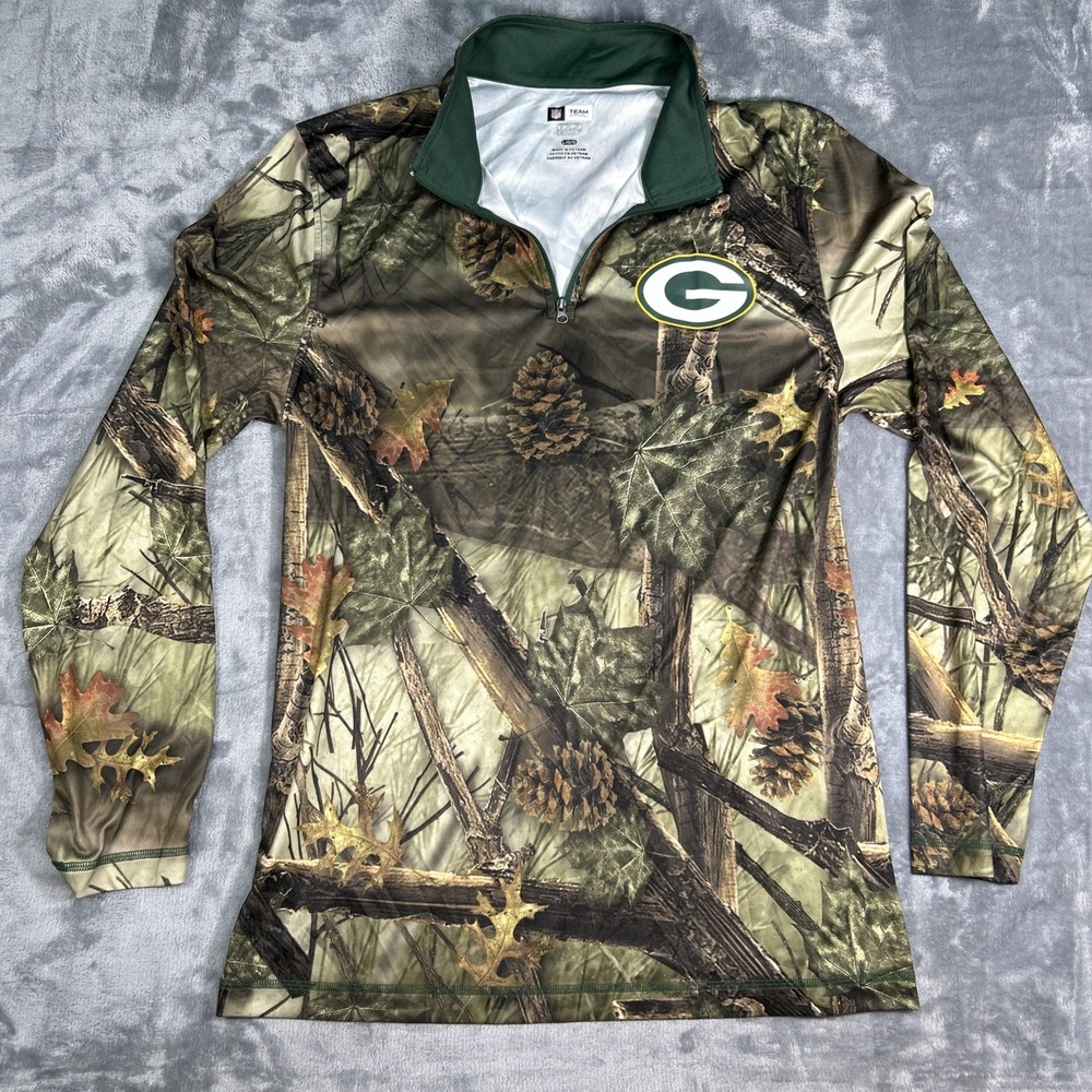 NFL Team Apparel TX3‎ cool Shirt Mens Large Camo 1/4 Zip Green Bay Packers